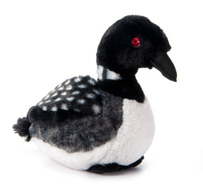 The Earth Keeperz Loon Plush is a 12 long by 10 high sustainable stuffed animal, featuring black, white, and grey coloring with red eyes and a pointed beak. Made from recycled plastic. Shown against a white background.