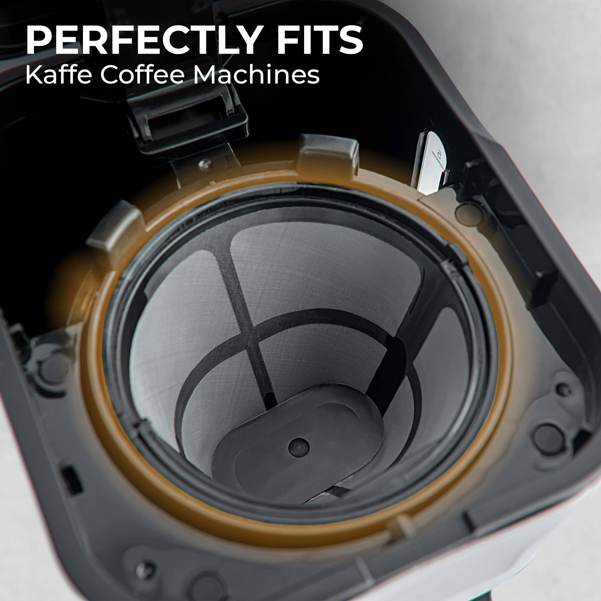 Close-up of the Kaffe Universal Permanent Coffee Filter—a reusable mesh filter for 5-cup coffee makers—inside a machine, with text stating it perfectly fits Kaffe 5-cup models.