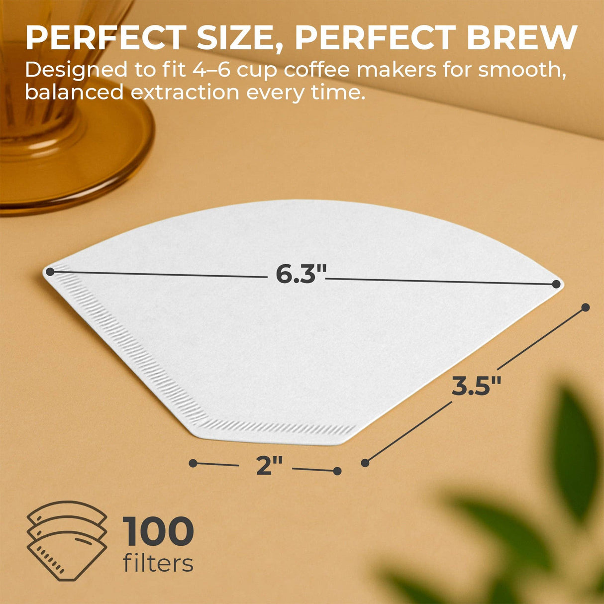 Coffee Filters: Organic Premium Coffee Filters #2 are white, measure 6.3" wide, 3.5" tall, and 2" at the base. Designed for 4–6 cup coffee makers and sold in packs of 100 filters.