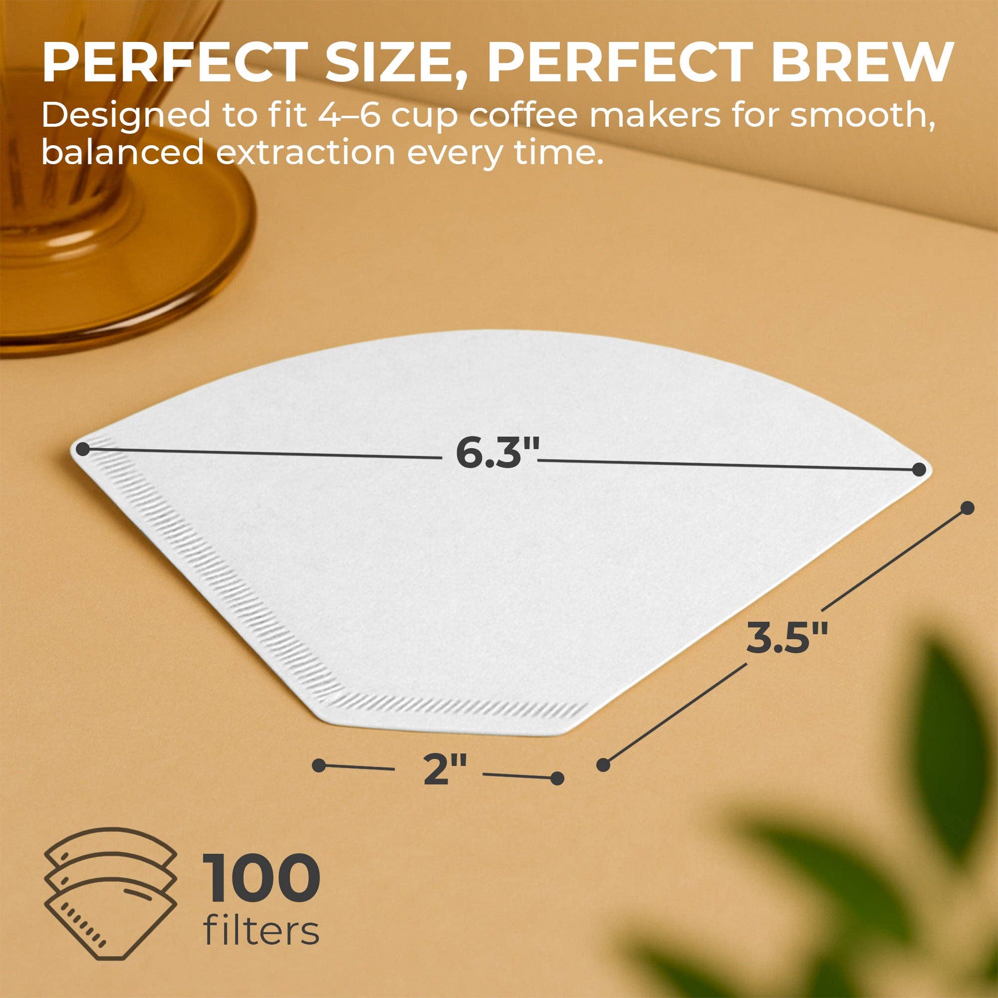 Coffee Filters: Organic Premium Coffee Filters #2 are white, measure 6.3" wide, 3.5" tall, and 2" at the base. Designed for 4–6 cup coffee makers and sold in packs of 100 filters.