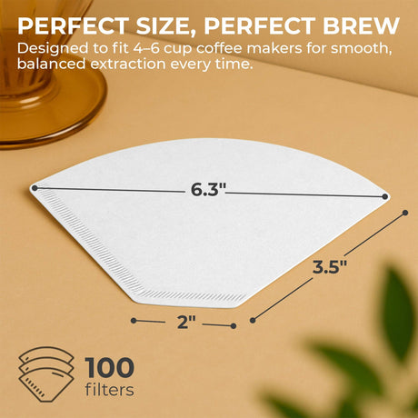 Coffee Filters: Organic Premium Coffee Filters #2 are white, measure 6.3" wide, 3.5" tall, and 2" at the base. Designed for 4–6 cup coffee makers and sold in packs of 100 filters.