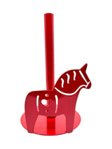 Add handcrafted Scandinavian charm to your kitchen with the Holder: Red Dala Horse Paper Towel Holder, made of laser cut metal and featuring a stylized horse at the base—a perfect Swedish decor accent.