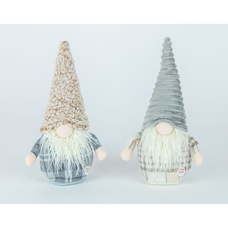 Two Hazel Plaid Musical Gnomes with knitted hats and long beards stand cheerfully. The left gnome's hat features a textured beige design, while the right’s showcases a ribbed grey pattern. Both are adorned in plaid shirts made of soft fabric, adding a cozy touch to their charming appearance.