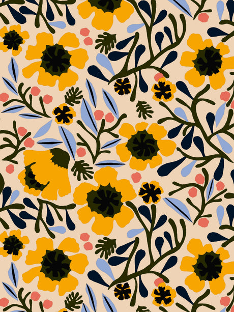 A seamless floral pattern inspired by Cards: Marimekko Kukka Notecards 5x7 16 Cards & Envelopes, featuring bold yellow flowers, dark green leaves, blue accents, and small pink dots on a light beige background.