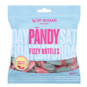 A 50g bag of PÄNDY Fizzy Bottles by Swedish Sweets Wholesale LLC – Swedish Candy, featuring just 1g of sugar per bag and climate-friendlier packaging. The red and blue, bottle-shaped gummies—resembling bubble gum candies—are attractively displayed through a transparent window at the bottom of the pack.
