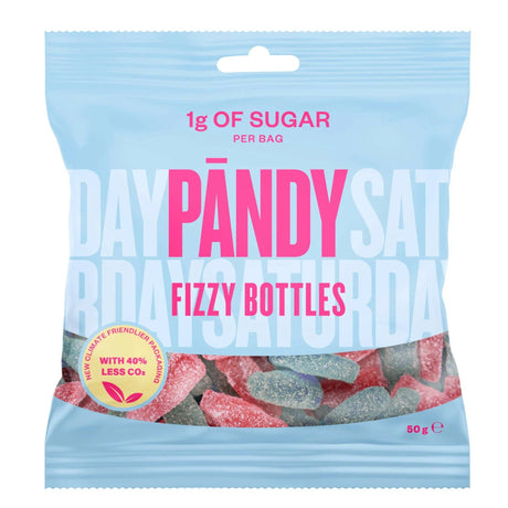 A 50g bag of PÄNDY Fizzy Bottles by Swedish Sweets Wholesale LLC – Swedish Candy, featuring just 1g of sugar per bag and climate-friendlier packaging. The red and blue, bottle-shaped gummies—resembling bubble gum candies—are attractively displayed through a transparent window at the bottom of the pack.