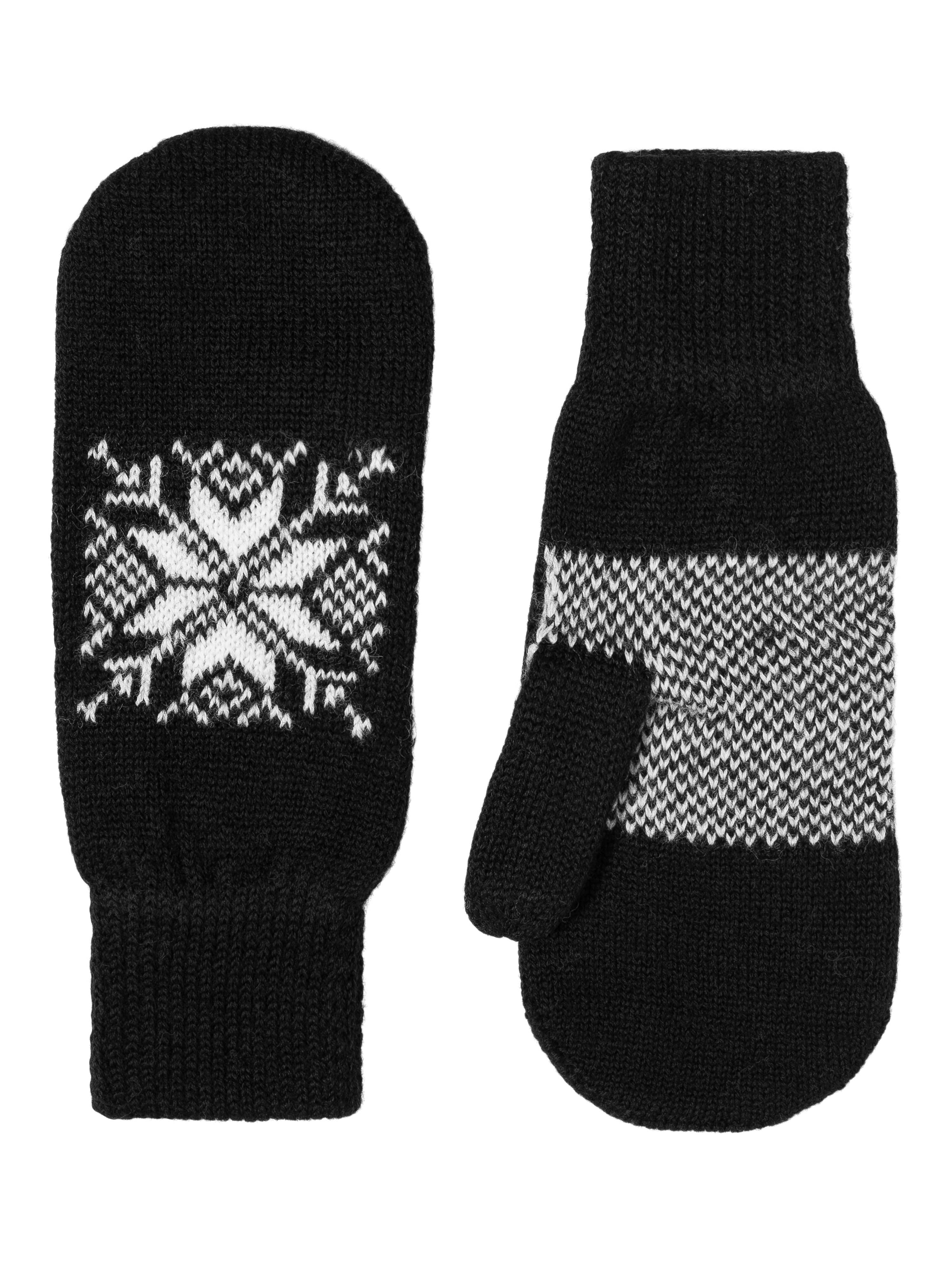 Displayed are two black mittens: one embellished with a charming Nordic snowflake pattern and the other featuring a horizontal stripe design.