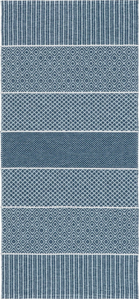 The Vinyl Rug: Horredsmattan - Alfie - Blue is a Swedish rug with a rectangular pattern featuring alternating horizontal bands of geometric designs in blue and white.