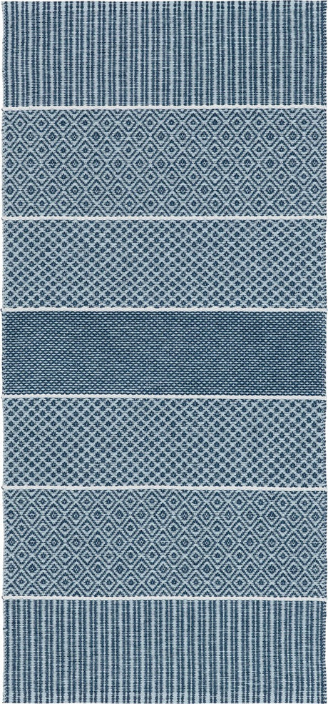 The Vinyl Rug: Horredsmattan - Alfie - Blue is a Swedish rug with a rectangular pattern featuring alternating horizontal bands of geometric designs in blue and white.
