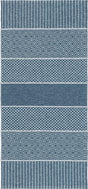 The Vinyl Rug: Horredsmattan - Alfie - Blue is a Swedish rug with a rectangular pattern featuring alternating horizontal bands of geometric designs in blue and white.