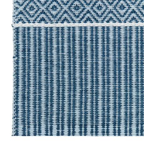 Close-up of the Alfie Blue Vinyl Rug by Horredsmattan. Featuring a lower section with vertical stripes and an upper section with a diamond pattern, it showcases the intricate beauty of woven vinyl craftsmanship.