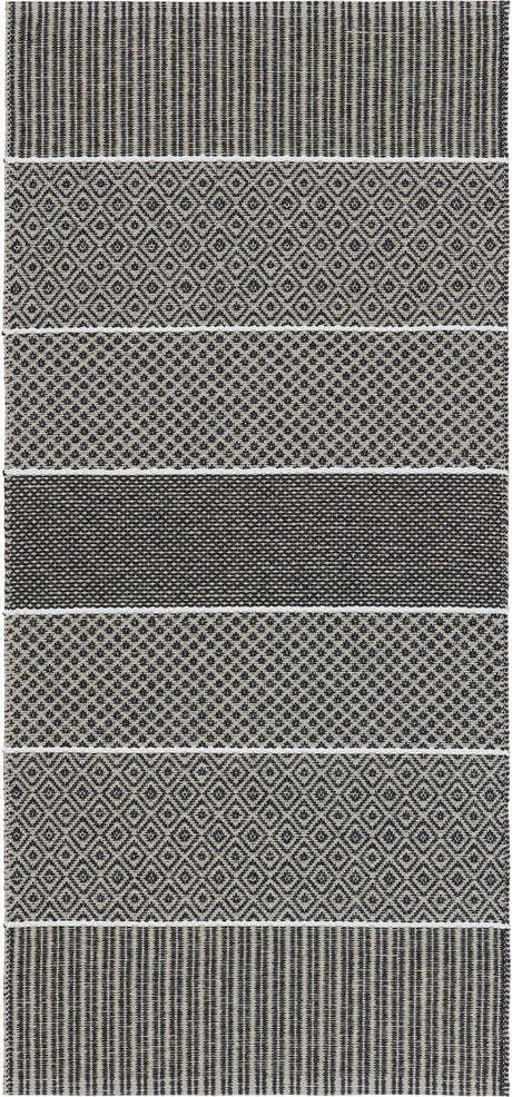 Introducing the Vinyl Rug: Horredsmattan - Alfie - Graphite, a Swedish-designed piece crafted from eco-friendly PVC. This woven rug features alternating horizontal bands with geometric patterns in black and white, highlighted by stripes, diamonds, and small checks.