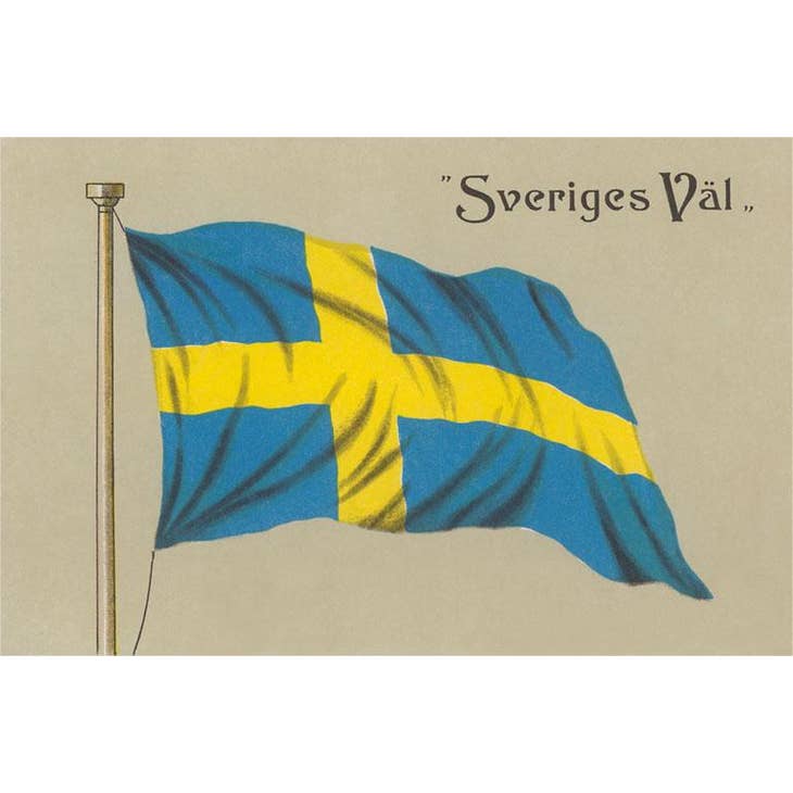 Illustration of the Swedish flag on a pole with the text "Sveriges Val" in the top right corner.