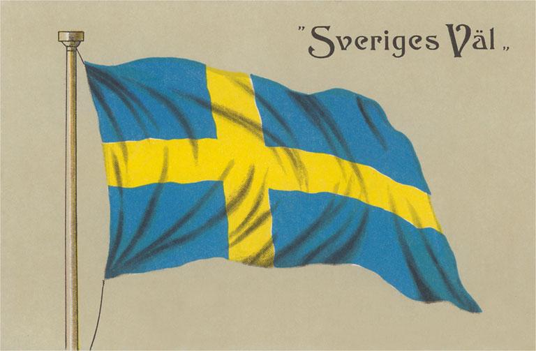 The Swedish flag, symbolizing Swedish heritage, is depicted with its blue and yellow cross next to the words "Sveriges Väl" on a beige background in the "Post Card: Sveriges Val.