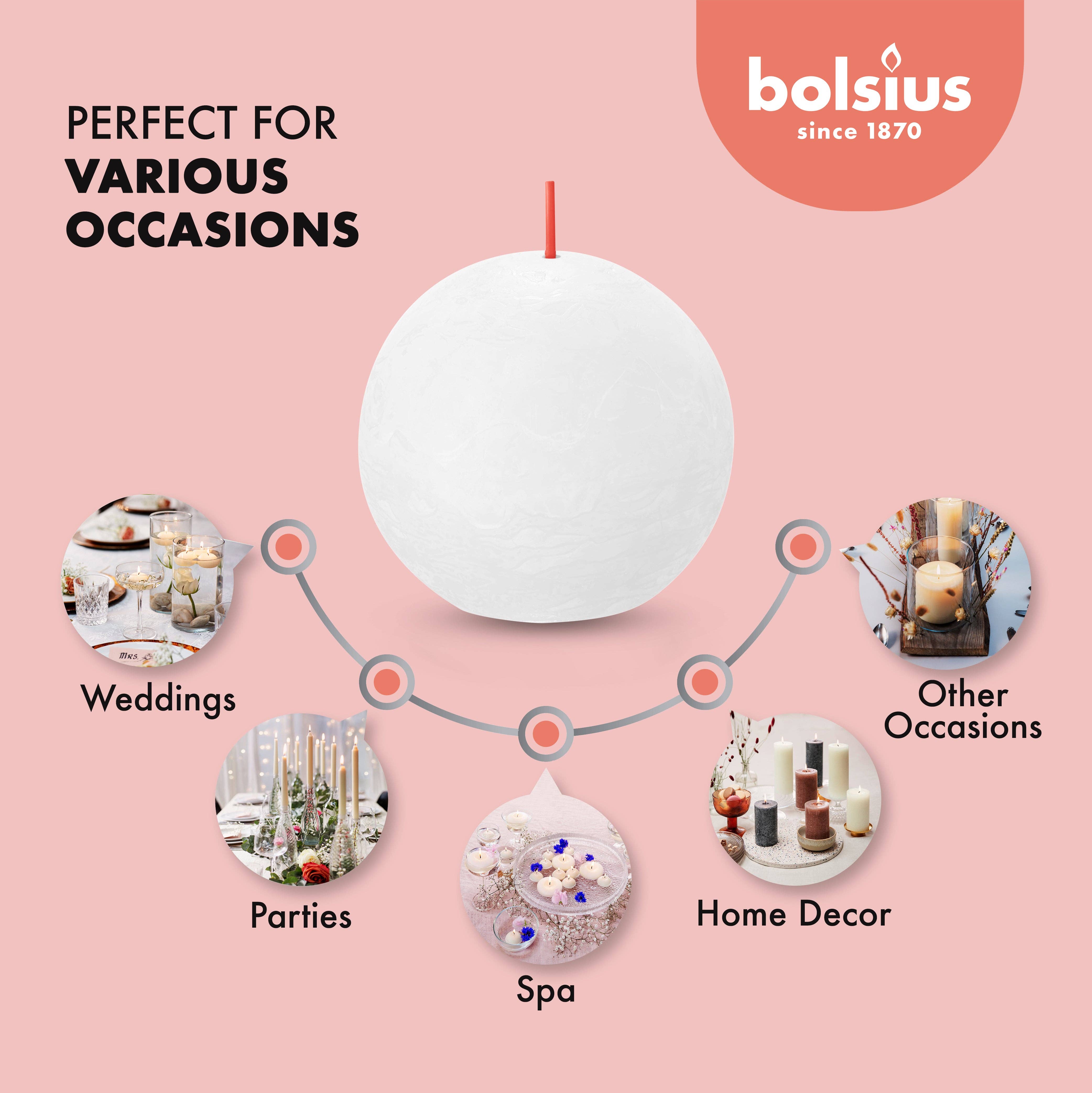 A Fresh Olive Rustic 3" Ball Candle from Bolsius, crafted with plant-based wax and featuring a white hue, rests on a pink backdrop. The "Since 1870" logo underscores its versatility for weddings, parties, spas, home decor, and various other occasions. Unscented for a pure ambiance.