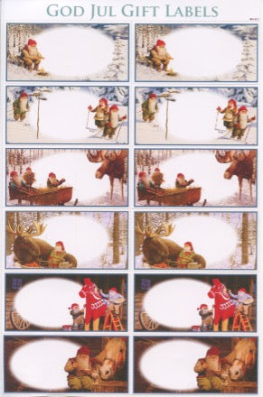 A sheet of gift labels titled "God Jul" features Jan Berglind's artwork, which includes festive Scandinavian images with Christmas-themed illustrations of elves, reindeer, and snowy landscapes for an authentic Swedish Christmas touch.