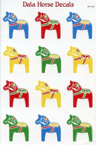 Dala Horse Sticker Sheet of 12 featuring vibrant 1.5" stickers in red, blue, green, and yellow hues, arranged in four rows of three.