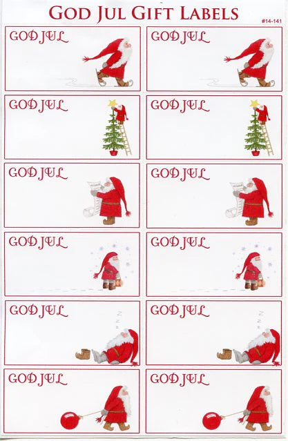 Gift Labels: God Jul Santa Gift Labels with Eva Melhuish artwork—features Santa in charming holiday scenes, adding Scandinavian Christmas flair to your presents.