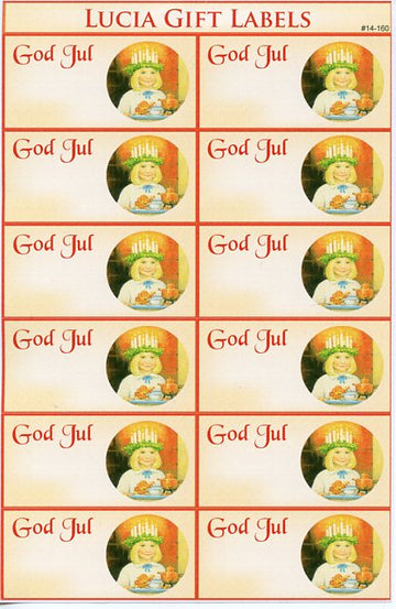Gift Labels: St Lucia God Jul—these festive labels feature a girl in a white robe with a crown of candles and “God Jul” on each, perfect for adding Swedish charm to your holiday gifts.