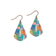 The Earrings: Mosaic Abstract Short Drop Handmade Earrings feature teardrop shapes with multicolored geometric patterns and copper hooks, displayed against a gradient background.