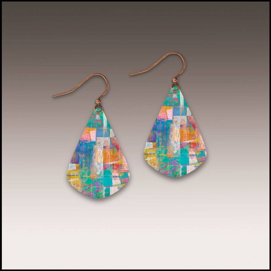 The Earrings: Mosaic Abstract Short Drop Handmade Earrings feature teardrop shapes with multicolored geometric patterns and copper hooks, displayed against a gradient background.