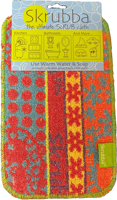 The Scrubbie: Skrubba XL Scrub Cloth comes in red, blue, and yellow packaging. Eco-friendly for kitchen, bathroom, and more—abrasive yet scratch-free. For best results, use with warm water and soap.