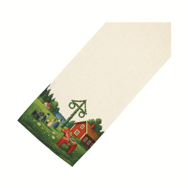 The Swedish Passport Co Table Runner: Swedish Midsommar Table Runner 47.25"x15.7" features a beige background with a colorful border of Swedish countryside scenes—red house, maypole, Dala horse, and more—ideal for your home textiles collection.