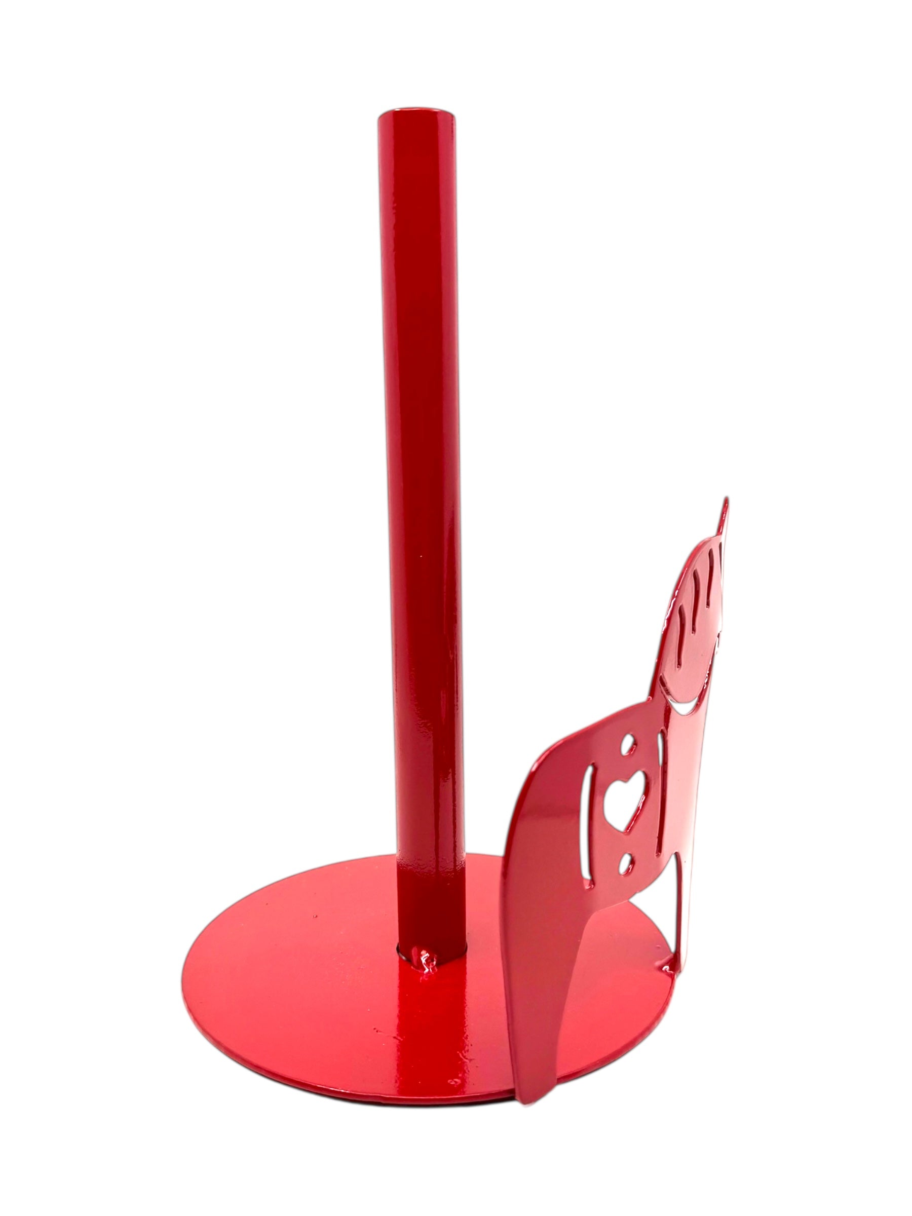 The Holder: Red Dala Horse Paper Towel Holder has a red metal build with a round base, vertical rod, and features a decorative Dala Horse silhouette with heart cutout—a charming accent inspired by Swedish culture.