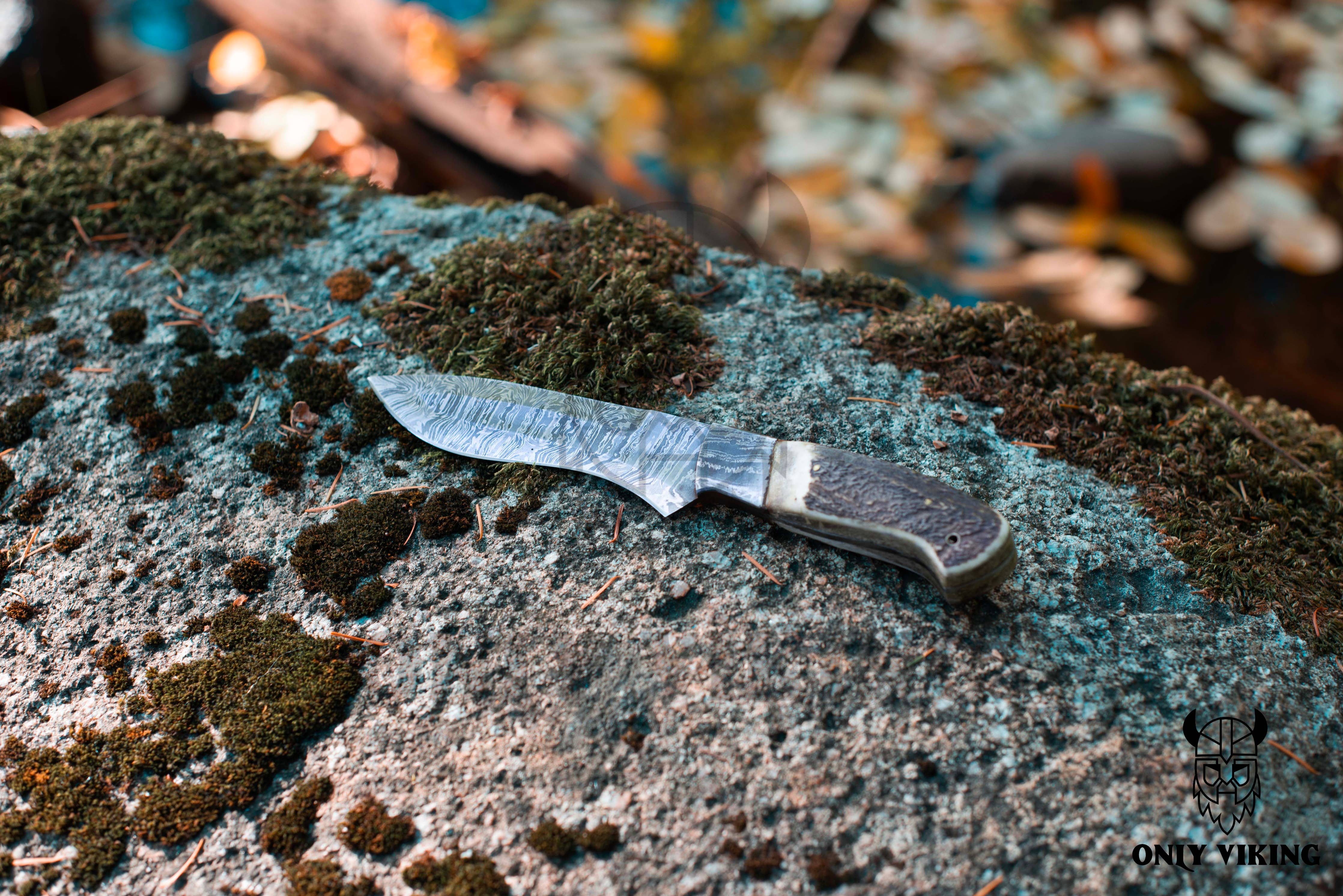 A Damascus Hunting Knife with a leather sheath rests on a moss-covered rock, ready for outdoor adventures.