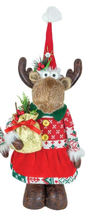 The Decor: Mr or Mrs Winter Kisses Moose Stander is festively dressed in a red and green holiday outfit with a Santa hat, warmly welcoming you as it holds a gold gift bag adorned with a red bow and greenery.