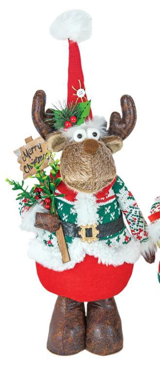 The Mr. or Mrs. Winter Kisses Moose Stander, dressed in a charming Christmas outfit, serves as a festive greeter with a sign that reads "Merry Christmas" and holds a small decorated branch.