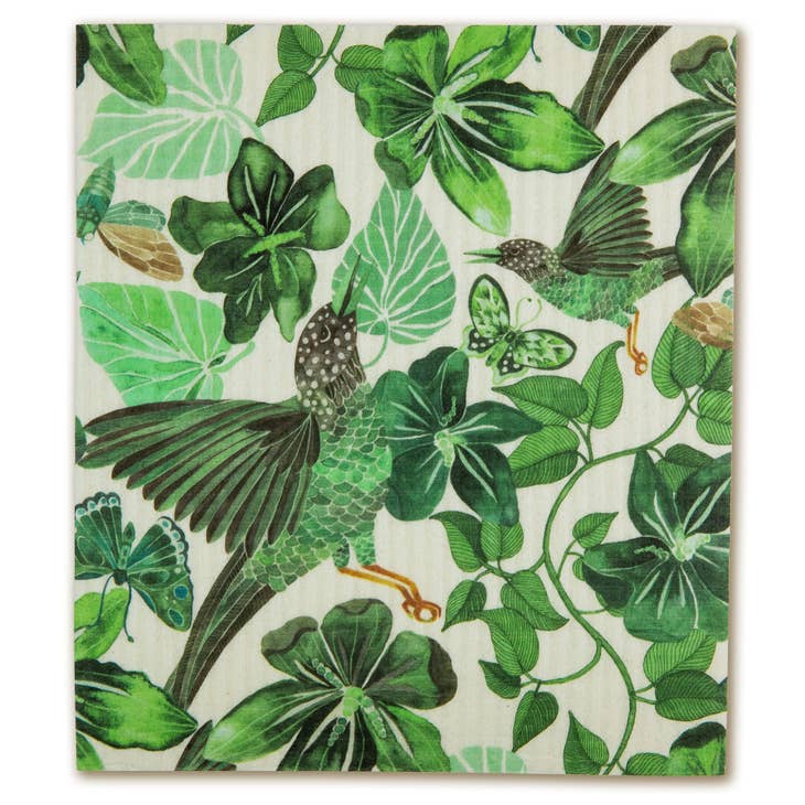 A depiction of two hummingbirds amidst green foliage and butterflies on a light background, capturing the delicate texture of the Blues Green eco-friendly Swedish dish cloth.