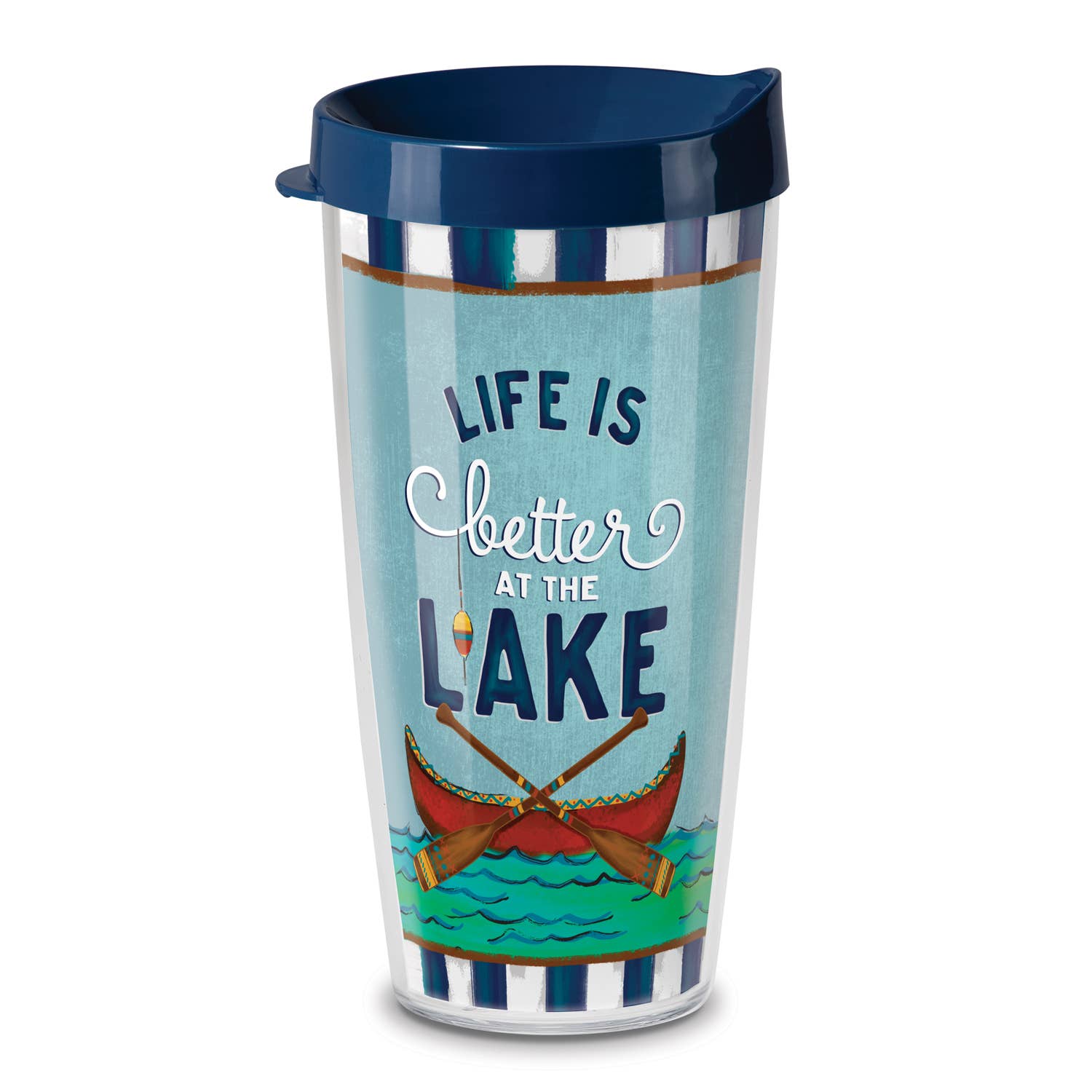 The "Life is Better at the Lake" 22 oz. Double Wall Insulated Tumbler is a plastic cup featuring a dark blue lid, adorned with the phrase and an image of two crossed oars over waves.