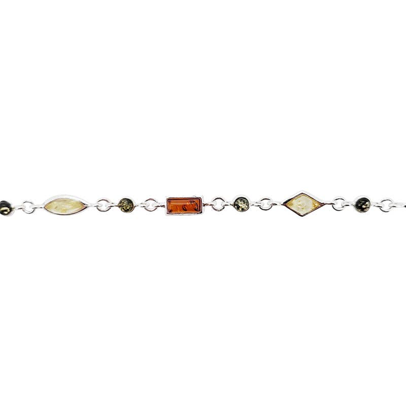 Sterling silver link bracelet featuring marquise-shaped multi-color amber stones, set with 13 beautiful pieces along its length.