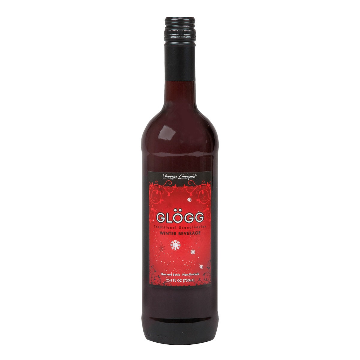 A bottle of Glogg: Grandpa Lundquist® Glögg Winter Beverage features decorative snowflakes on a red label and a black screw cap. Infused with rich spices, it encapsulates the essence of cozy Nordic winters.