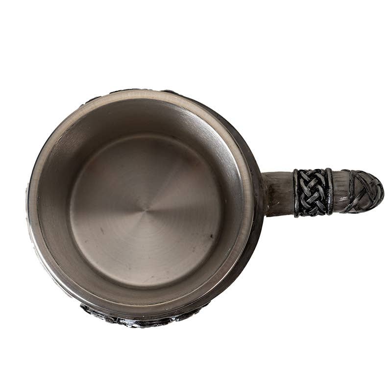 A top-down view of the Mug: Viking Odin's Horn Drinking Mug, featuring an ornate, textured handle—an ideal novelty gift inspired by Norse mythology.