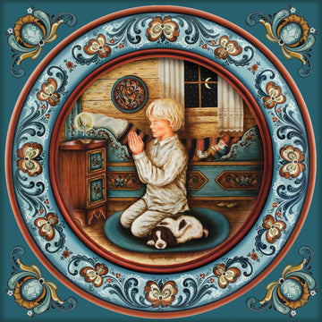 A blonde boy in pajamas kneels in prayer by his bed with a sleeping dog, depicted on the "Boy Evening Prayers Ceramic Tile – Norwegian Rosemaling Trivet (with Hanger)," featuring ornate Norwegian rosemaling patterns.