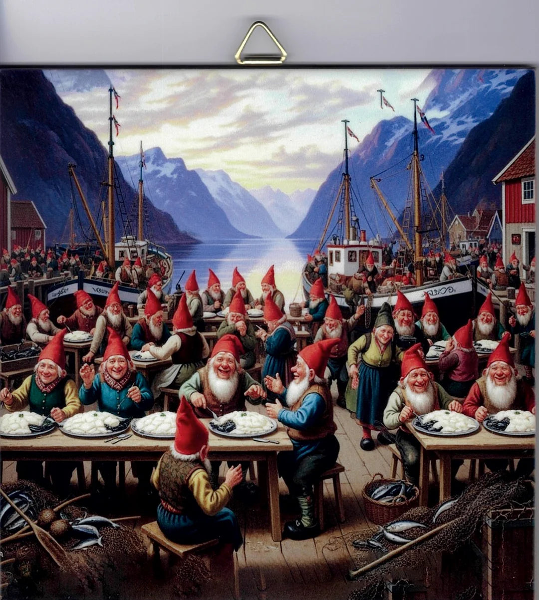 The 6" Ceramic Tile, "Gnomes dining by the Fjord," features gnome-like figures gathered at tables on a dock by boats, eating fish and working amid mountains and water, evoking Nordic tradition.