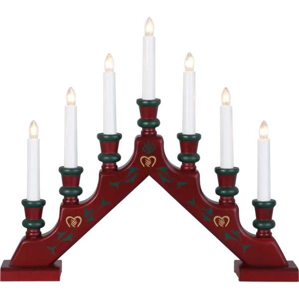 Introducing the Candlestick Sara, a red wooden candelabra adorned with seven white candles, each illuminated by a small bulb. This Swedish Christmas decoration is enhanced with decorative green accents and is elegantly crafted in a charming zigzag pattern.