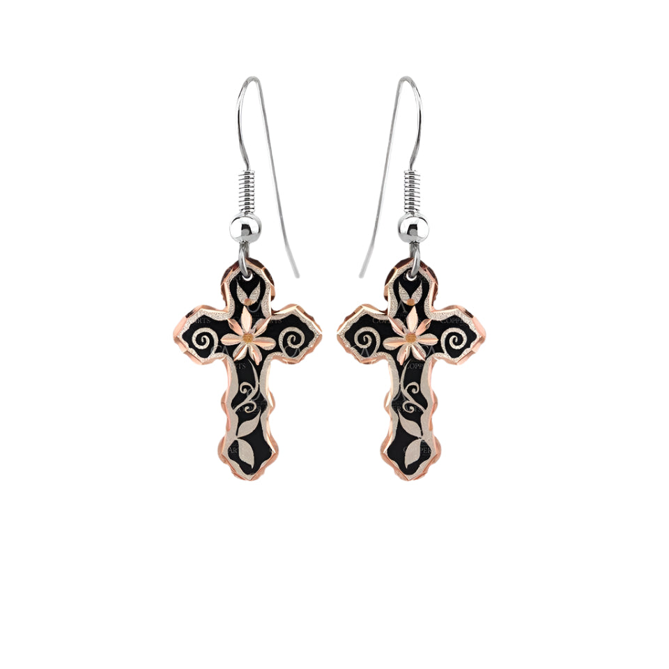 Add a unique, religious-inspired touch to your style with these Earrings: Copper Cross Drop Earrings with Black & Silver, featuring handcrafted black cross-shaped pendants, floral detailing, and silver hooks.