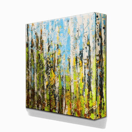 Add striking elegance to your space with Wall Decor: Aspen Forest I—an 18"x18" aluminum box art featuring vivid birch trunks and lush colors, perfect as modern Aspen Forest metal artwork.