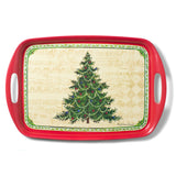 The Tray: Merry Christmas Tree Bamboo Serving Tray/Hostess Gift is a red rectangular bamboo tray with handles, featuring a sheet music background and Christmas tree illustration—an eco-friendly and festive holiday gift.