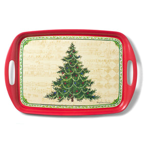 The Tray: Merry Christmas Tree Bamboo Serving Tray/Hostess Gift is a red rectangular bamboo tray with handles, featuring a sheet music background and Christmas tree illustration—an eco-friendly and festive holiday gift.