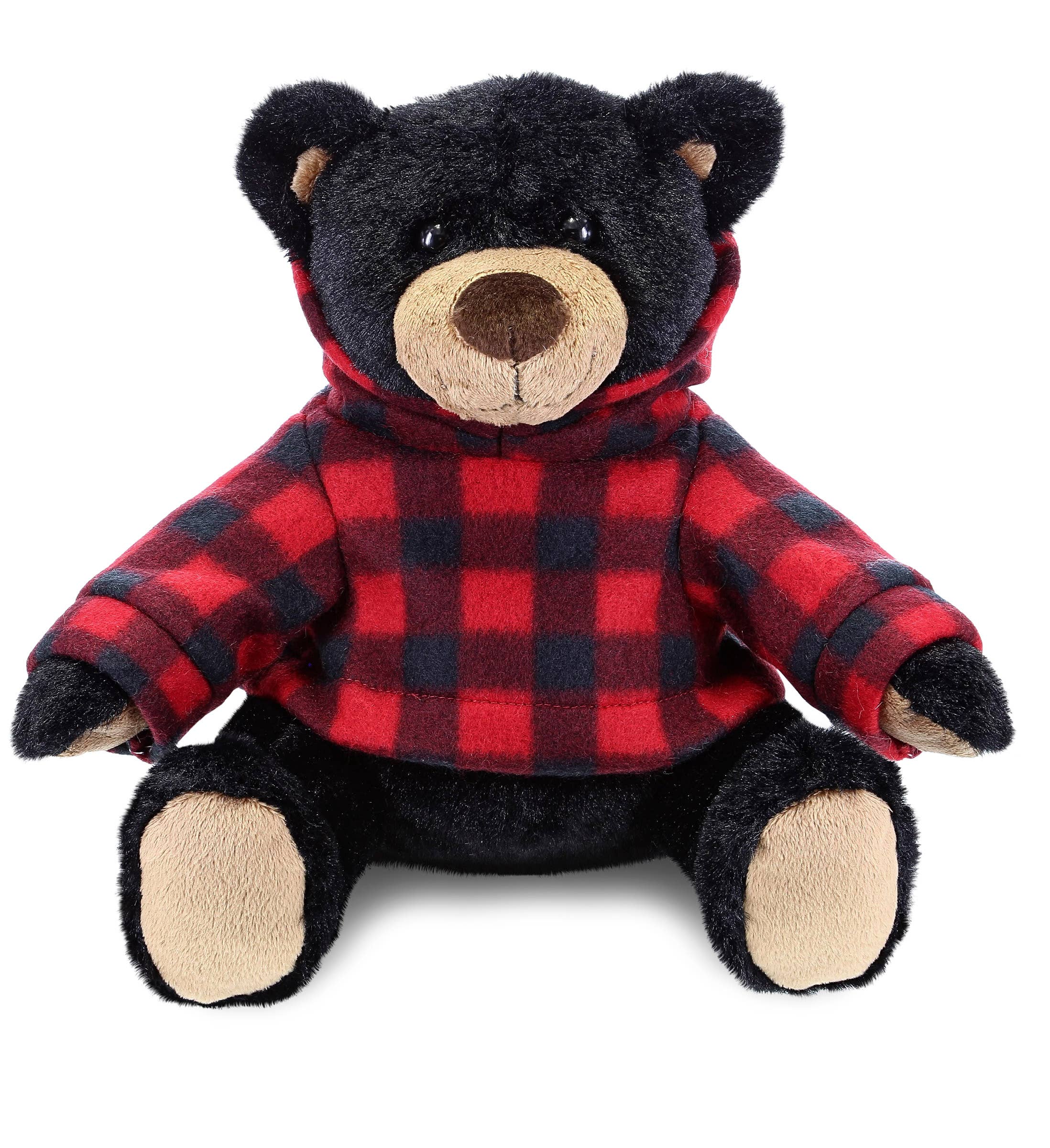 The Plush: Super Soft Black Bear Stuffed Animal With Red Plaid Hoodie is shown facing forward against a white background.