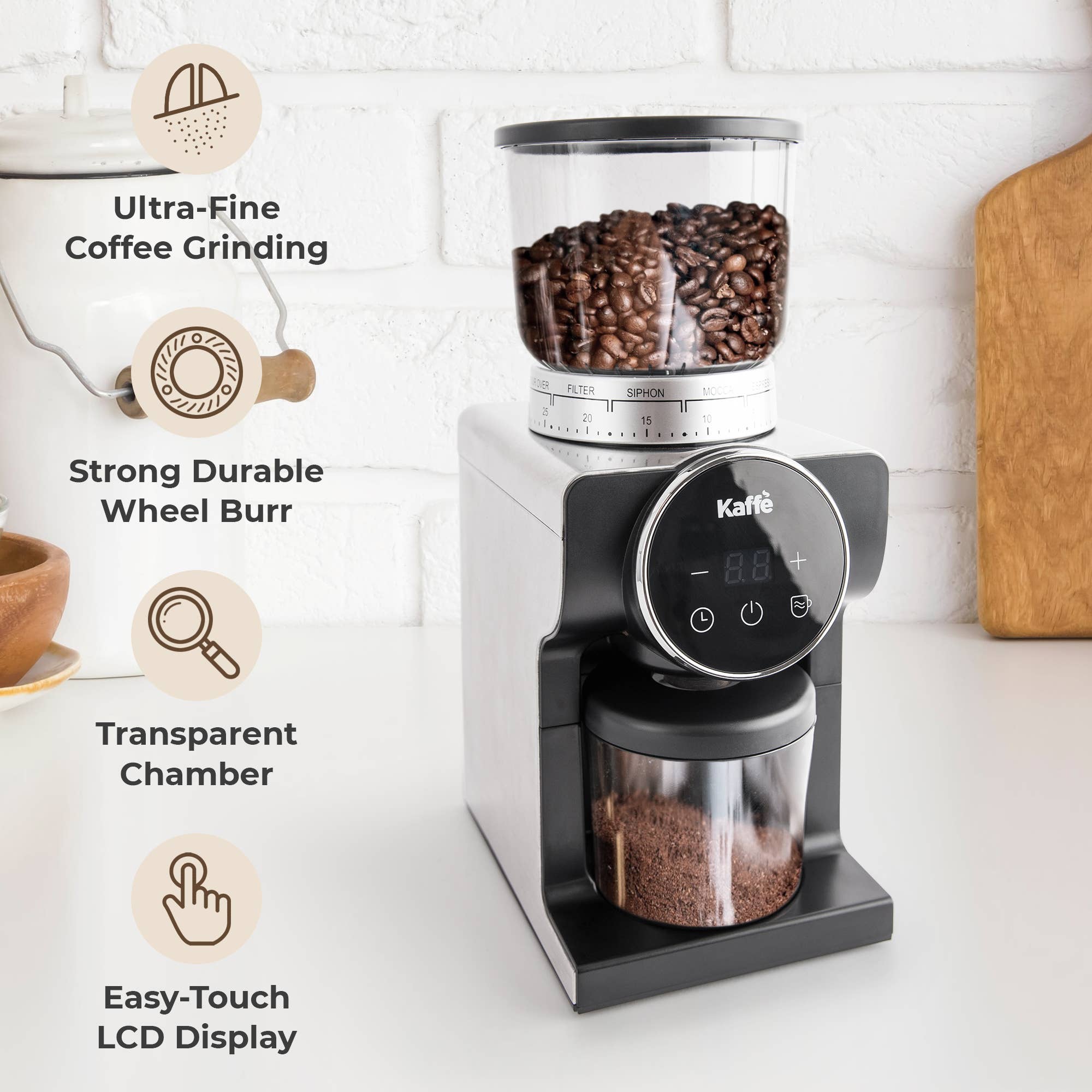 The Coffee Grinder: Electric Conical Burr Coffee Grinder – Precision Grinding with Digital Control boasts a clear digital display, visible beans, and ground coffee in a lower jar on a kitchen counter, with intuitive feature icons to the left for perfect results.