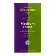 Purple and green Lofbergs Medium Roast Coffee bag, made from 100% Arabica beans with a roast level of 3 out of 5. It is Rainforest Alliance-certified for sustainability and weighs 17.6 oz (500g).