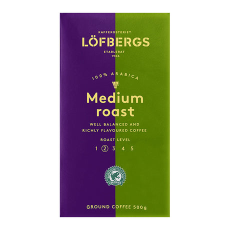 Purple and green Lofbergs Medium Roast Coffee bag, made from 100% Arabica beans with a roast level of 3 out of 5. It is Rainforest Alliance-certified for sustainability and weighs 17.6 oz (500g).