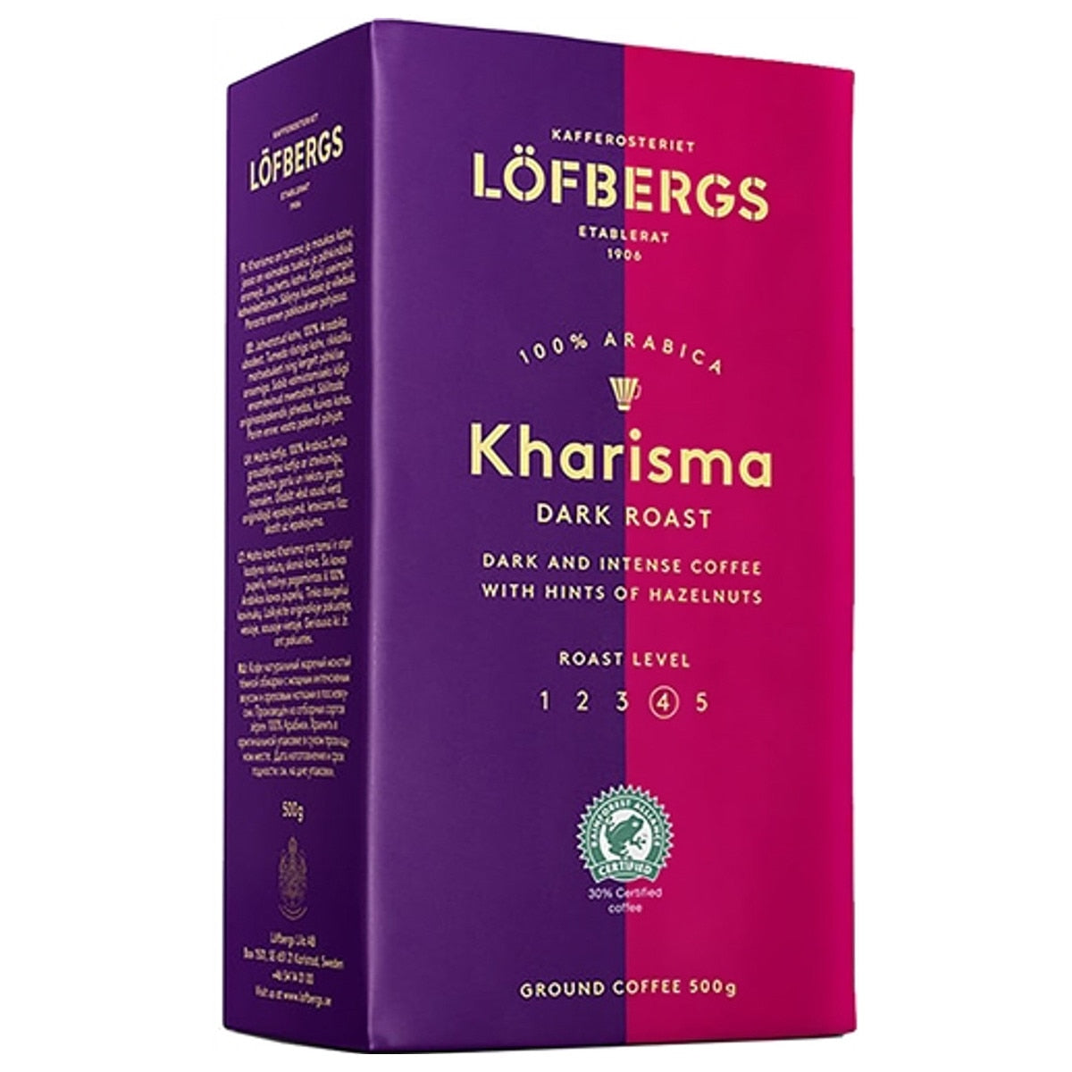 A 17.6 oz package of Löfbergs Kharisma Dark Roast Ground Coffee, ideal for Swedish fika. Features a purple and pink design with product details and a roast level indicator.