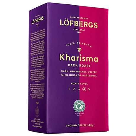 A 17.6 oz package of Löfbergs Kharisma Dark Roast Ground Coffee, ideal for Swedish fika. Features a purple and pink design with product details and a roast level indicator.