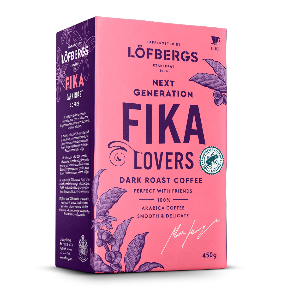 A 15.87 oz box of Lofbergs Fika Dark Roast Ground Coffee, a Swedish blend of 100% arabica beans, Rainforest Alliance-certified, with purple coffee plant art on a pink background.